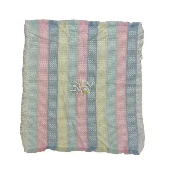 Baby Bear Striped Fringe Pastels Multicolor Swaddle Crib Nursery Blanket 37x34 - Picture 1 of 2
